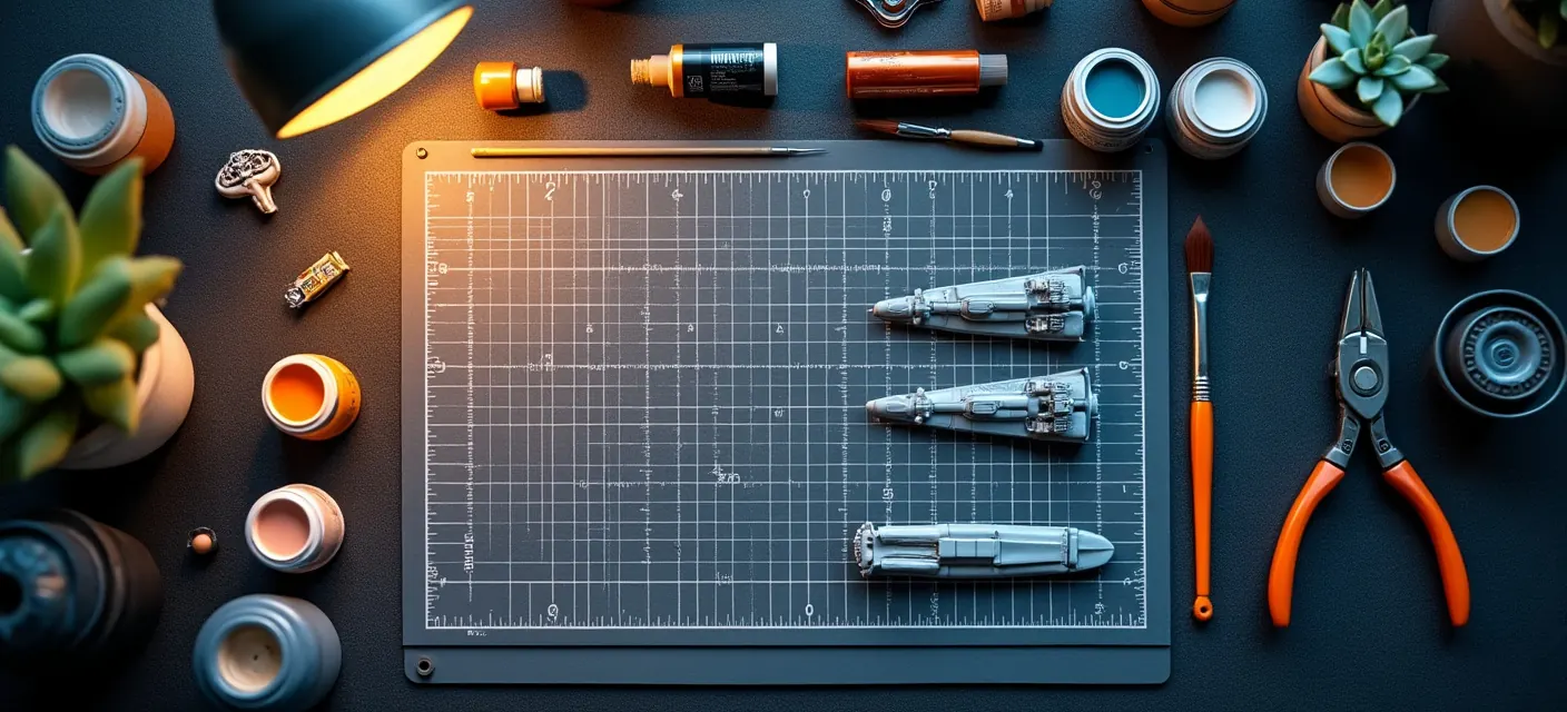 Modellbau-Werkbank von oben: Schneidematte mit grauen Bauteilen, Zange, Pinsel und Farbtöpfchen
