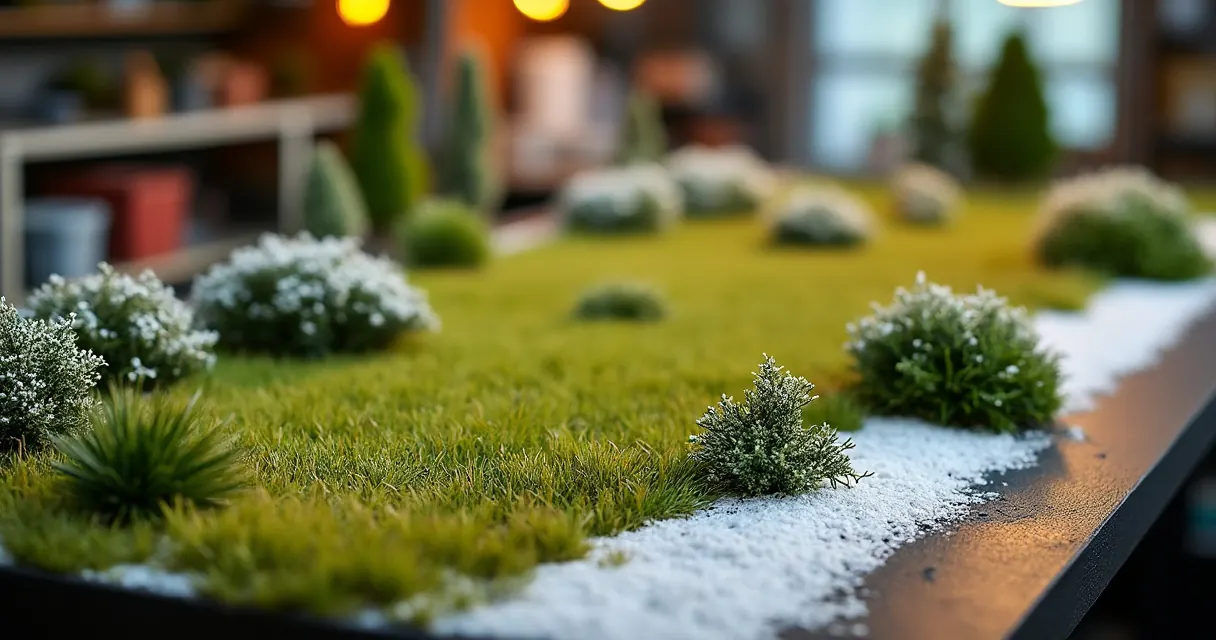 Modellbahn-Diorama mit Wiese aus statischem Gras, Büschen und Schneestreifen