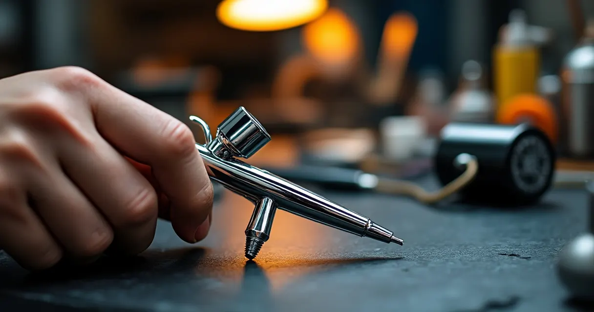 Hand hält eine Double-Action-Airbrush mit dem Zeigefinger am Hebel
