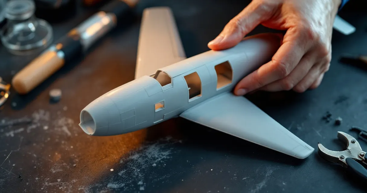 Hände fügen die zwei Rumpfhälften eines grauen Modellflugzeugs zusammen