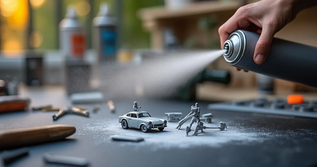 Hand sprüht grauen Primer aus einer Sprühdose auf kleine Modellteile