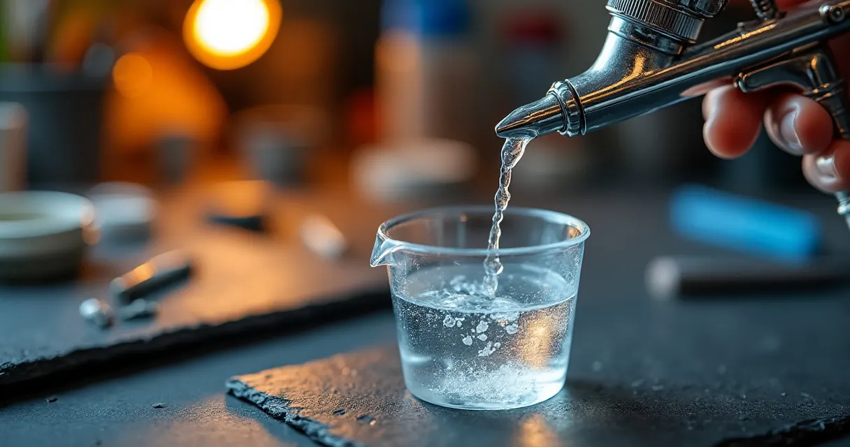 Klarer Reiniger wird aus einer Airbrush in einen Becher gesprüht