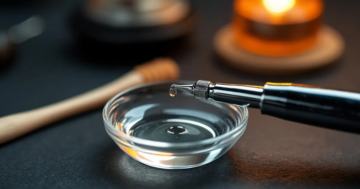 Kleine Airbrush-Düse in einem Glasschälchen mit Reinigungsflüssigkeit