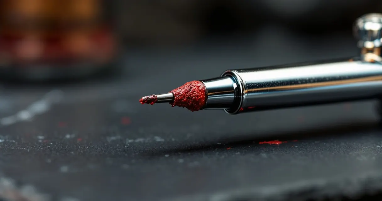 Vorderteil einer Airbrush mit angetrockneter roter Farbe an der Nadelspitze