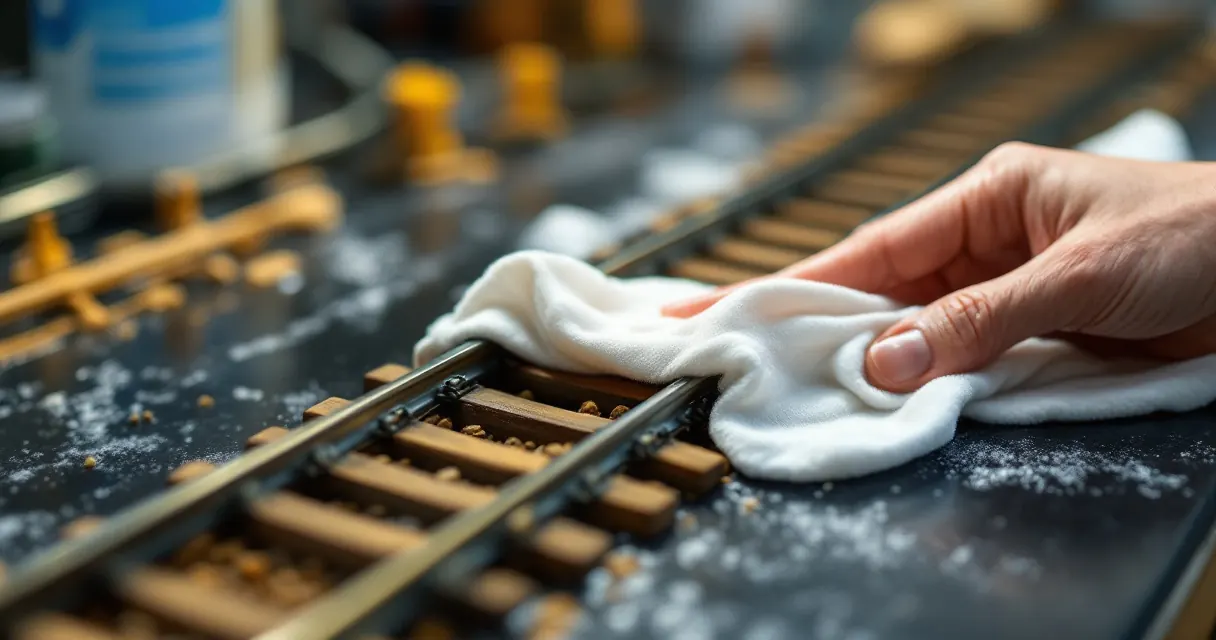 Fusselfreies Tuch wischt die Schienen eines Modellbahngleises ab