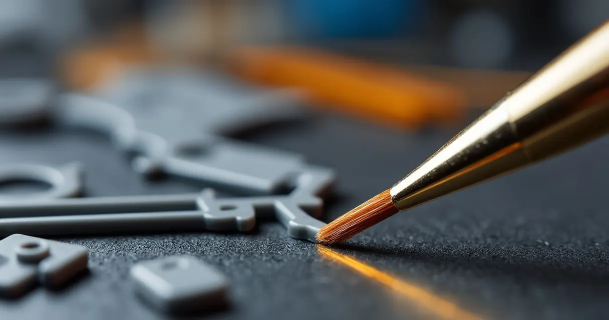 Feiner Pinsel gibt dünnflüssigen Kleber in die Fuge zwischen zwei grauen Kunststoffteilen
