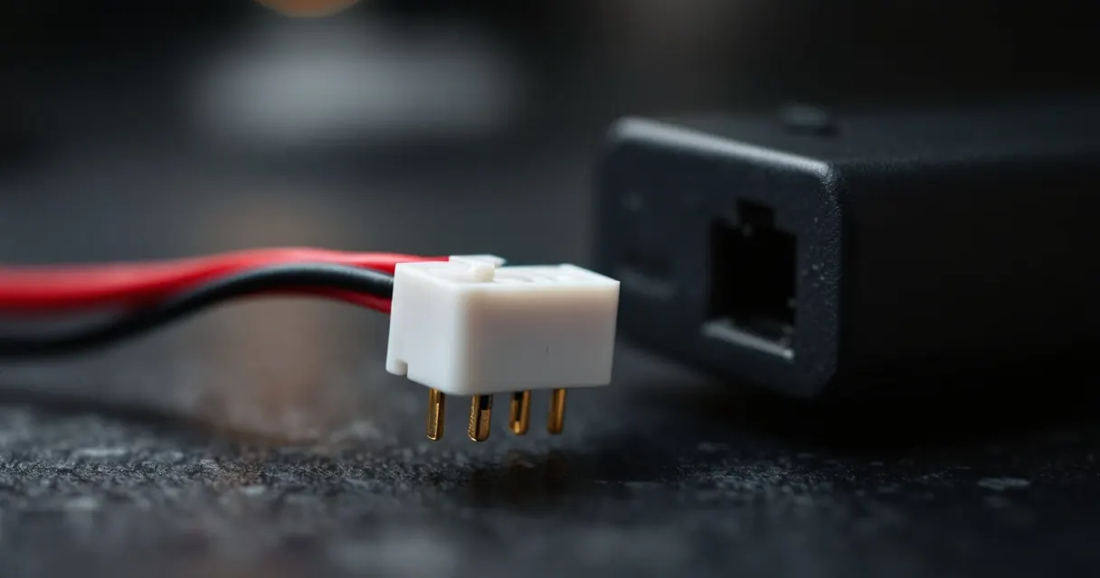 Weißer mehrpoliger Balancer-Stecker mit dünnen Kabeln vor einem Ladeanschluss