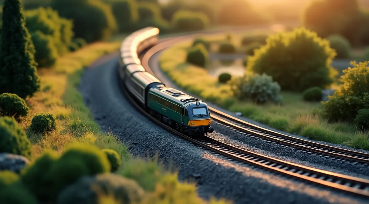 Modellbahn-Gleisabschnitt mit Lokomotive und Streugras-Landschaft
