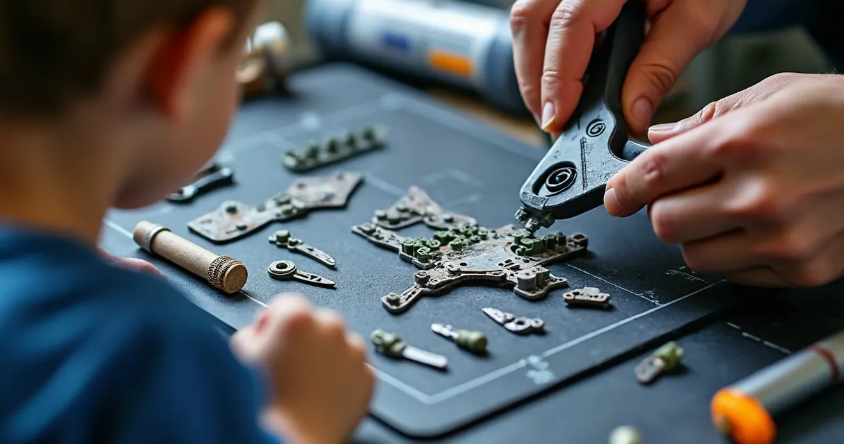 Erwachsene Hände trennen Teile mit dem Seitenschneider ab, ein Kind schaut aus Abstand zu