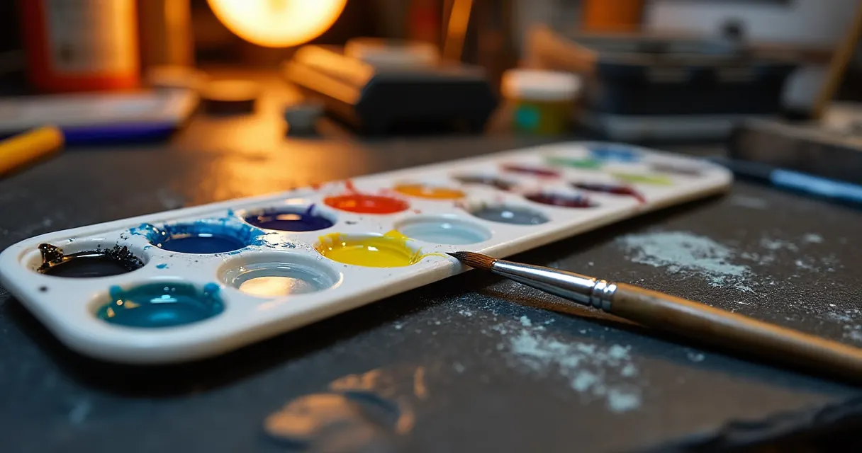 Palette mit mehreren Farbtönen und ein feiner Pinsel auf der Werkbank