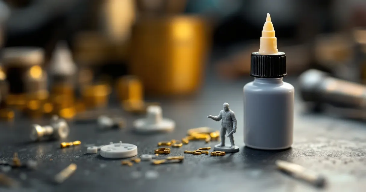 Kleine Resin-Figur und Messing-Ätzteile neben einer unbeschrifteten Kleberflasche