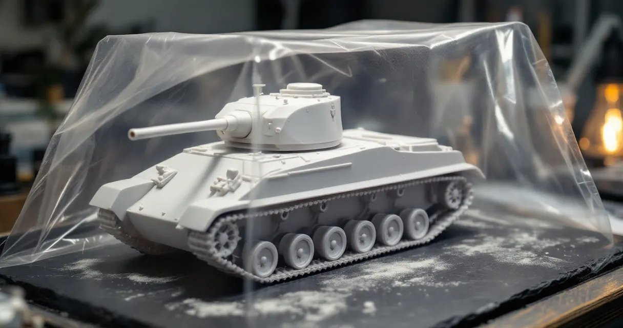 Frisch grau grundierter Modellpanzer trocknet unter einer durchsichtigen Staubschutzhaube