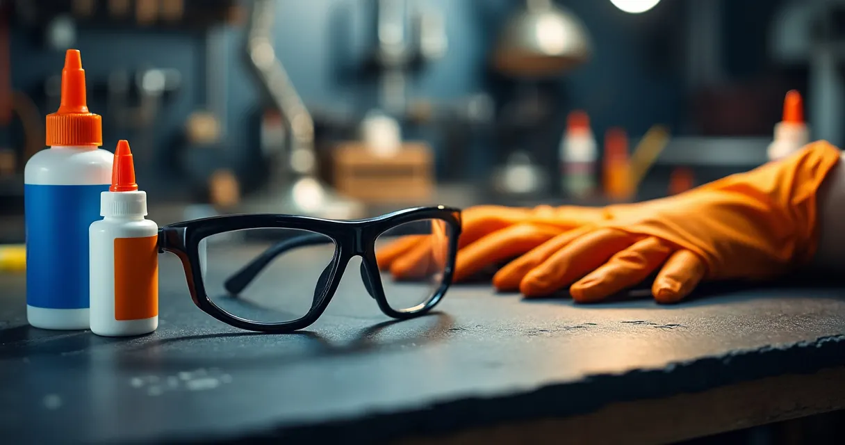 Schutzbrille und Nitrilhandschuhe neben geschlossenen Kleberflaschen auf der Werkbank